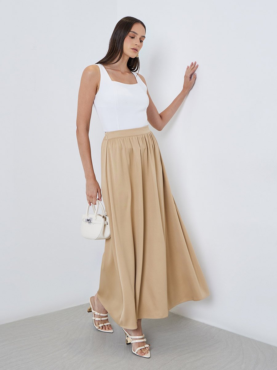 Solid Pleated Detail A-Line Maxi Skirt
