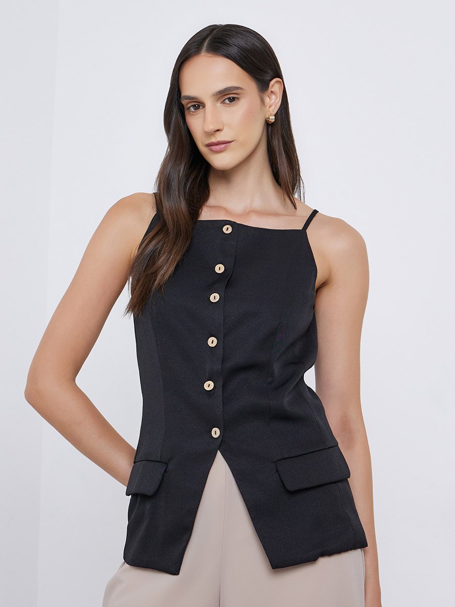 Strappy Square Neck Buttoned Top