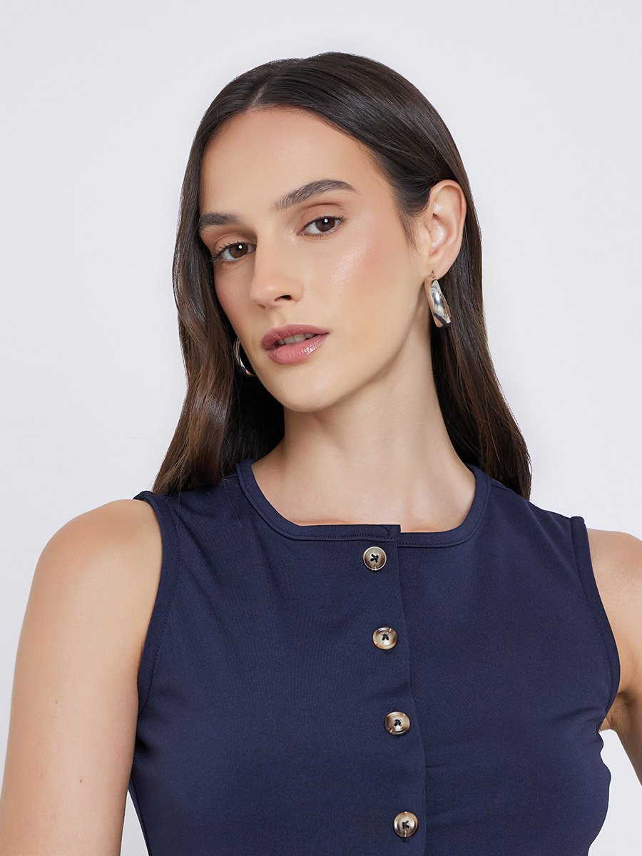 Navy Blue Sleeveless Button-Down Vest Top