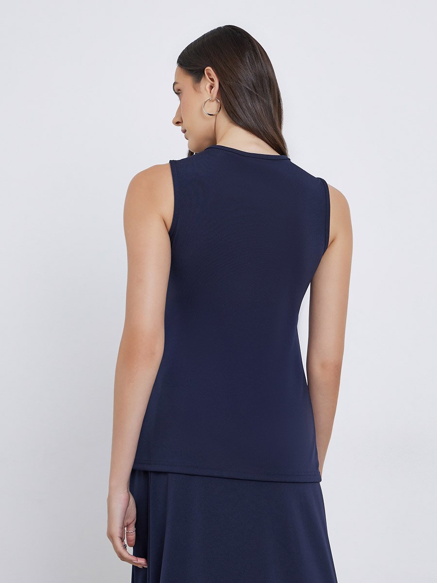 Navy Blue Sleeveless Button-Down Vest Top