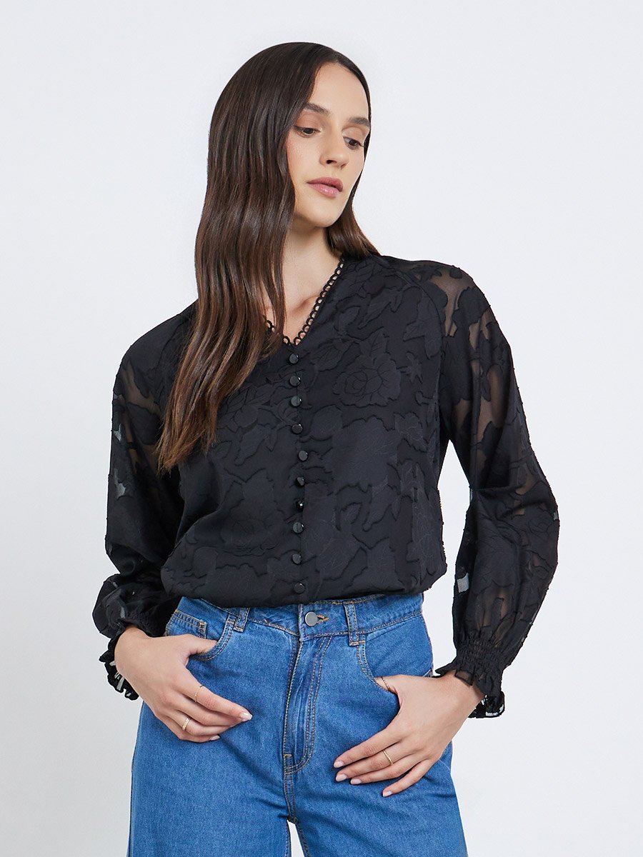  Jacquard V-Neck Blouse with Button Detail
