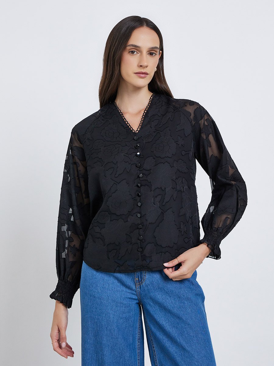  Jacquard V-Neck Blouse with Button Detail