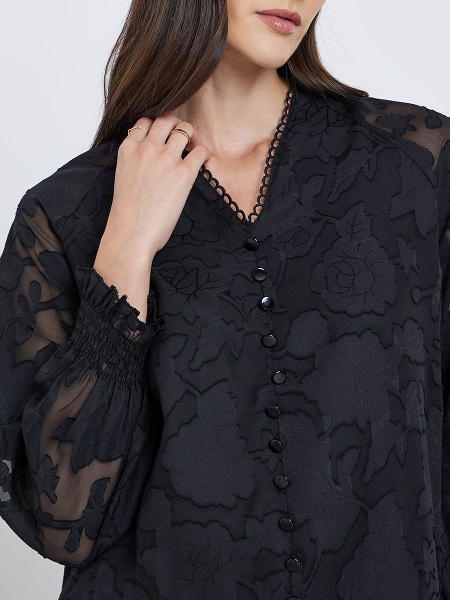  Jacquard V-Neck Blouse with Button Detail