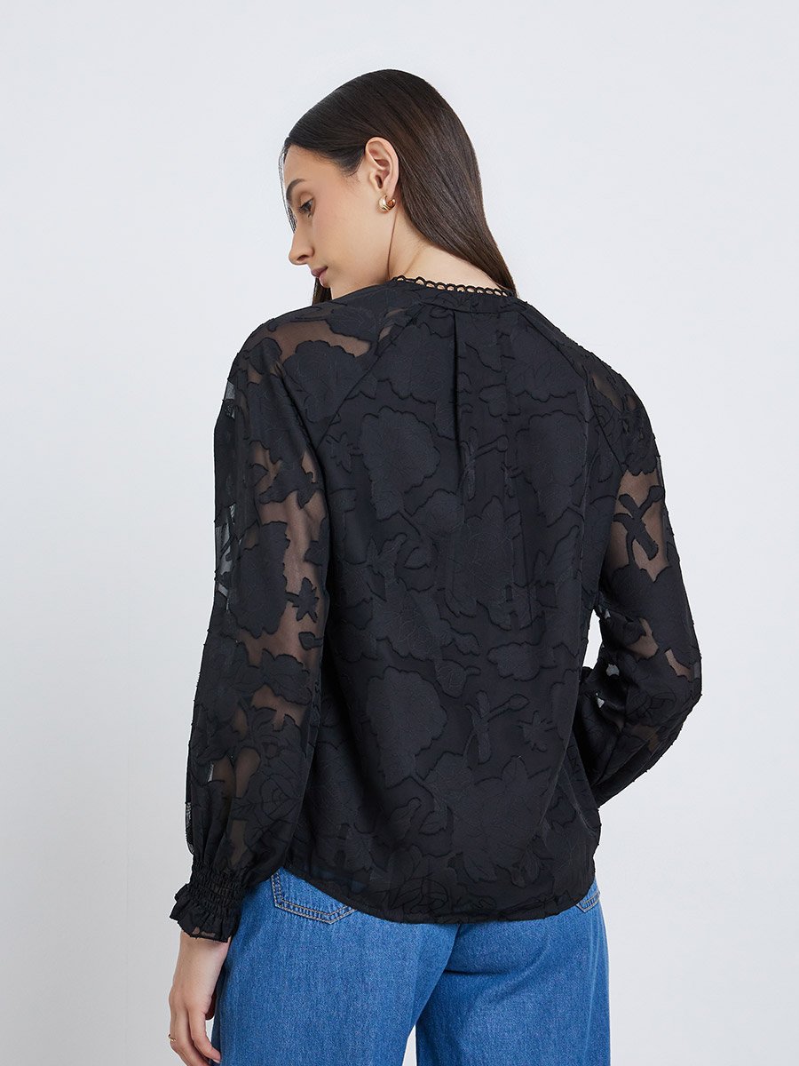  Jacquard V-Neck Blouse with Button Detail