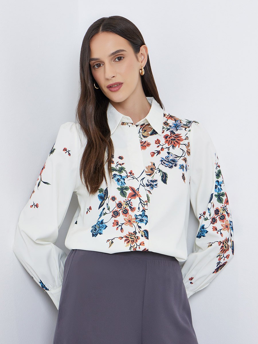 Off White Floral Spread Collar Buttoned Shirt