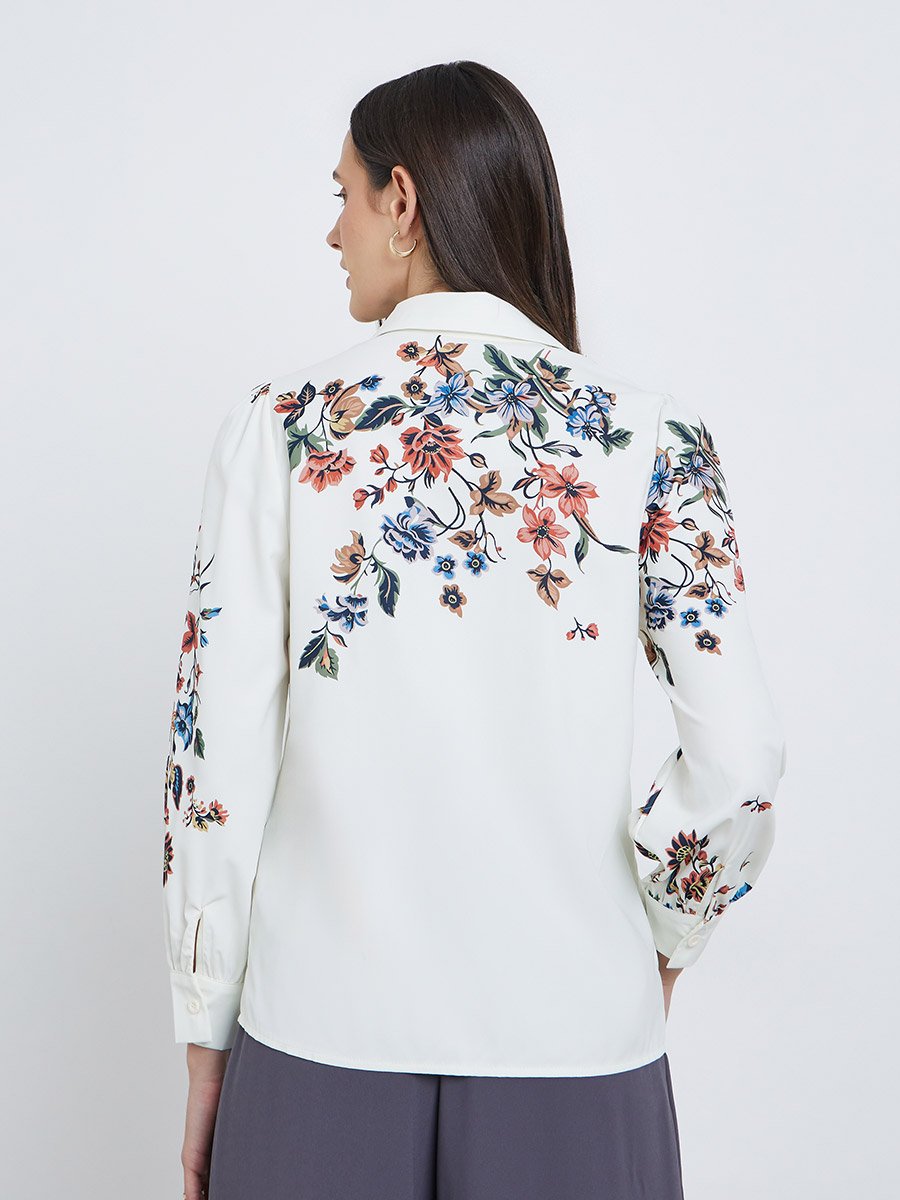 Off White Floral Spread Collar Buttoned Shirt
