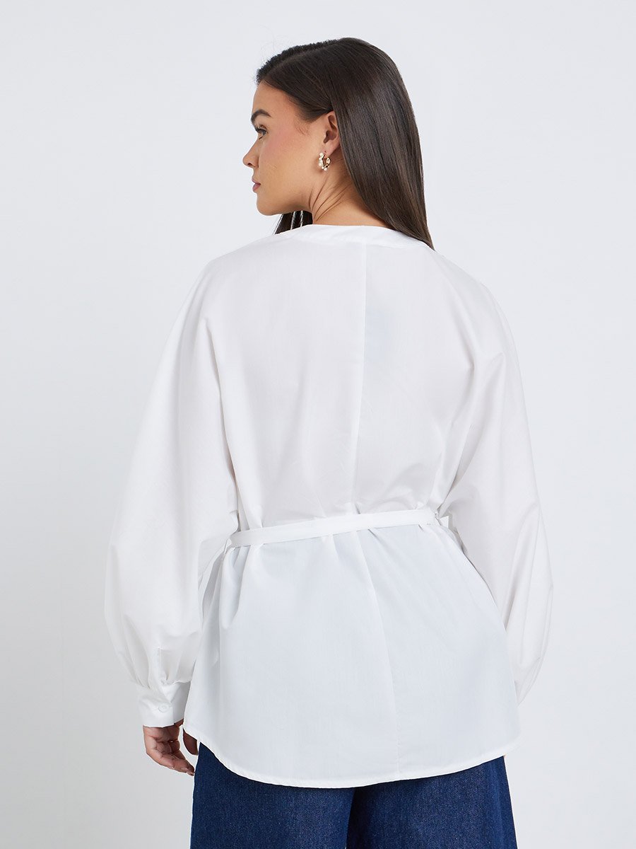 Oversized Balloon Sleeve Waist Tie Shirt