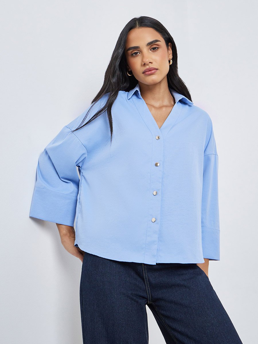 Solid Flared Sleeve Buttoned Short