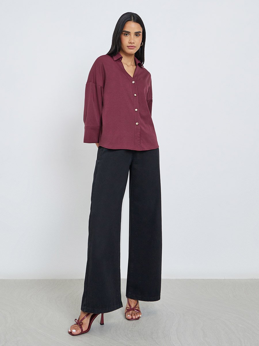 Solid Flared Sleeve Buttoned Short