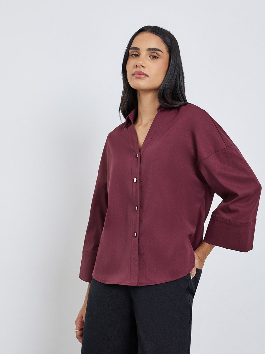 Solid Flared Sleeve Buttoned Short