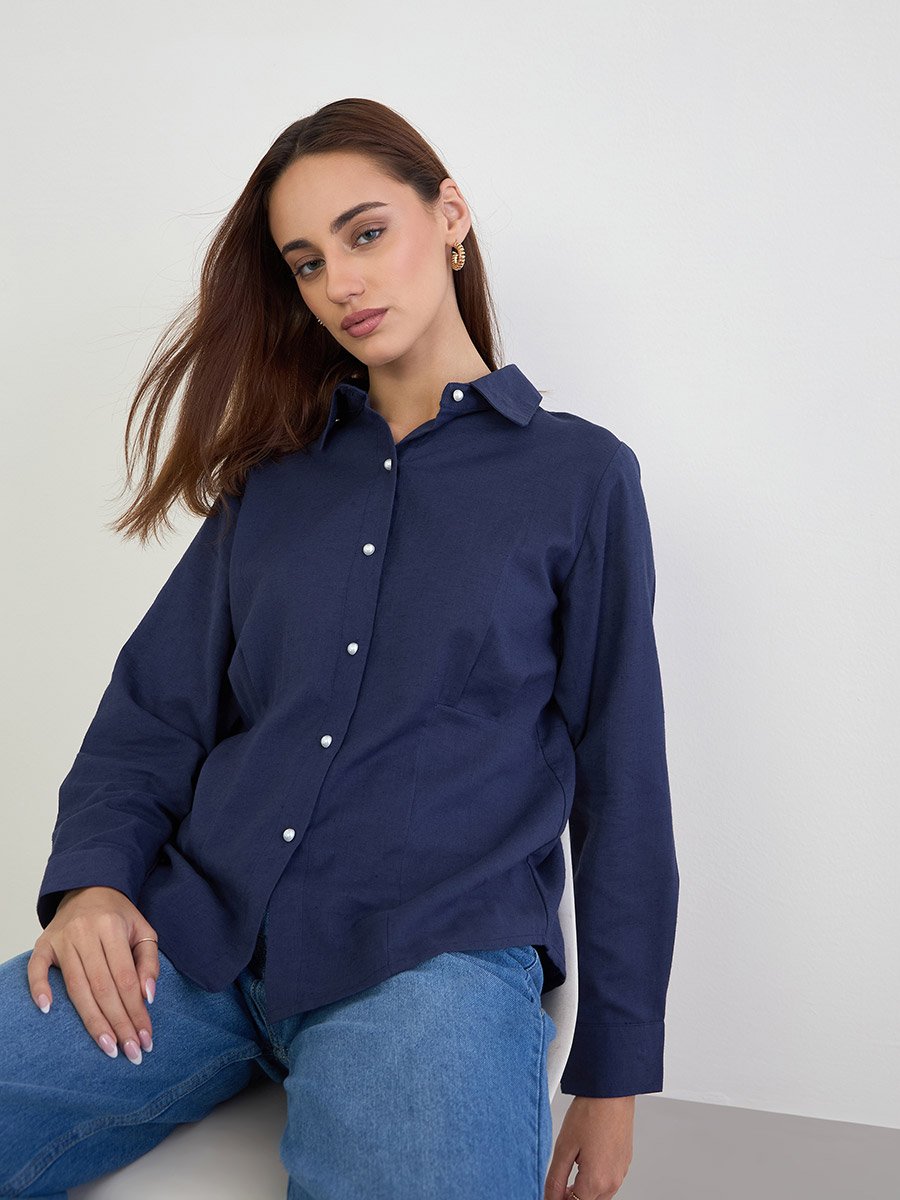 Navy Regular Fit Shirt with Pearl Buttons