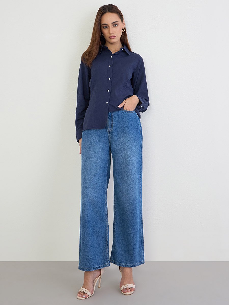 Navy Regular Fit Shirt with Pearl Buttons
