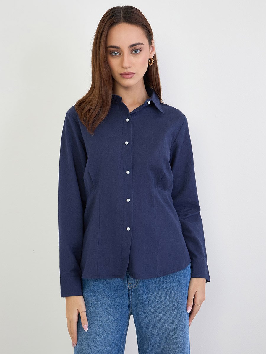 Navy Regular Fit Shirt with Pearl Buttons