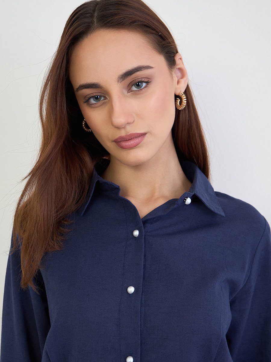 Navy Regular Fit Shirt with Pearl Buttons