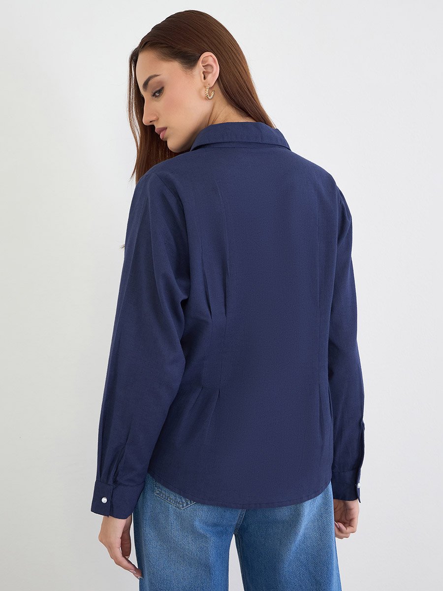 Navy Regular Fit Shirt with Pearl Buttons
