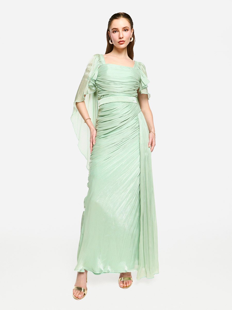 Pleated Cape Sleeves Ruffled Detail Maxi Dress