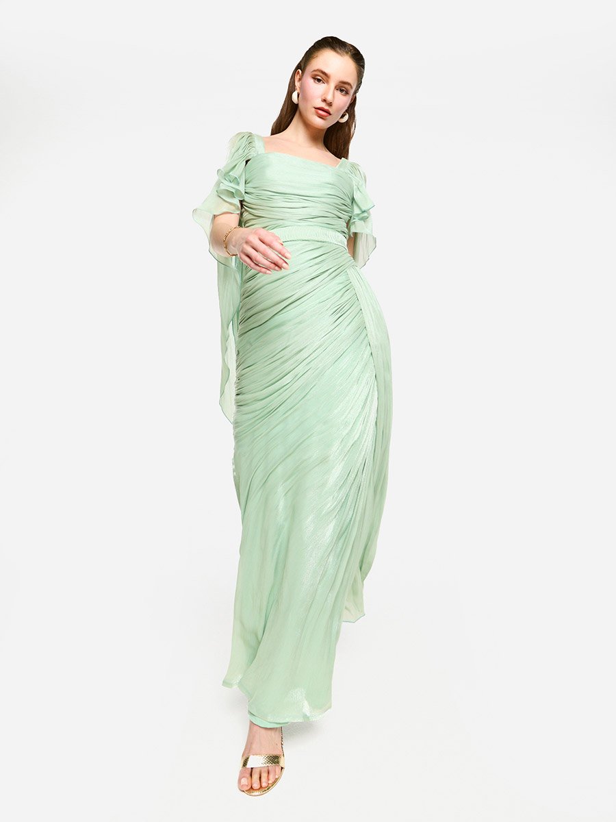 Pleated Cape Sleeves Ruffled Detail Maxi Dress