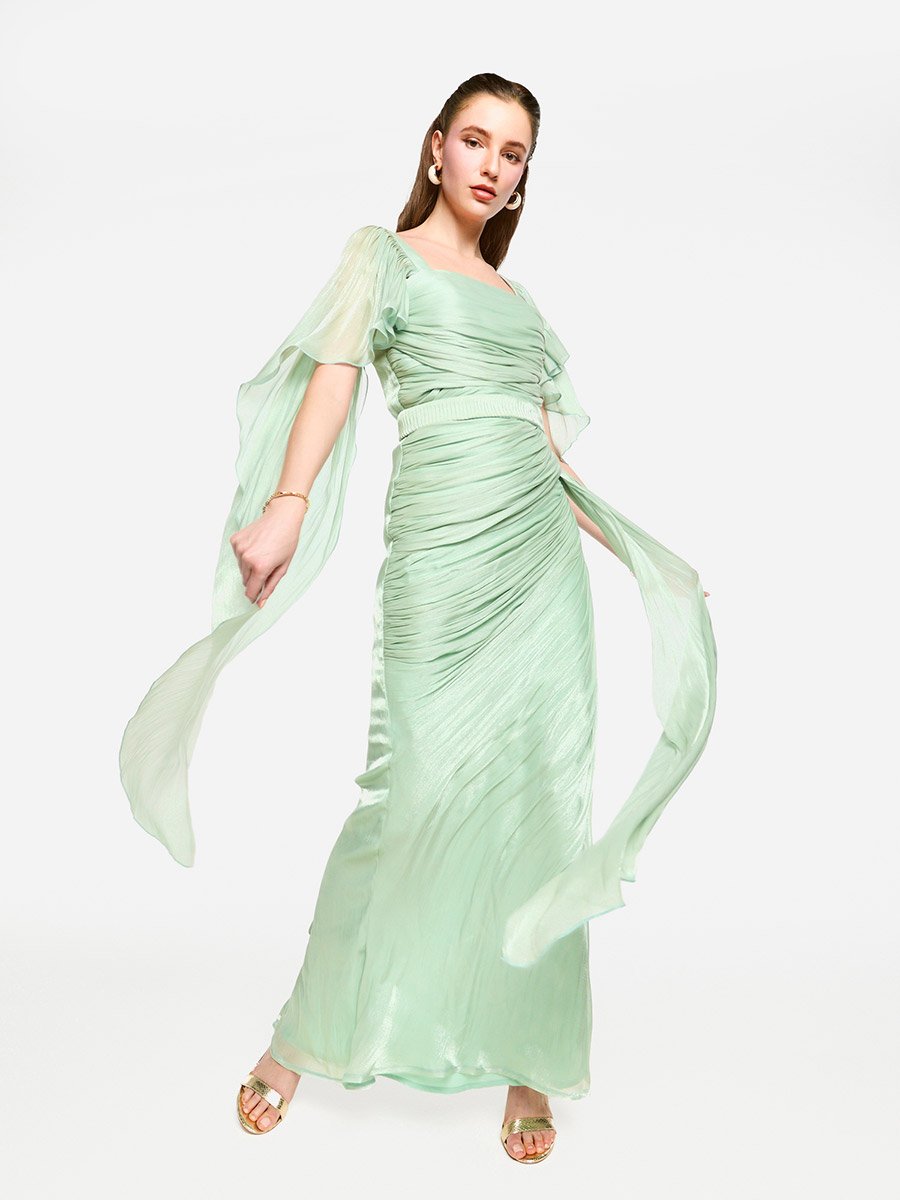 Pleated Cape Sleeves Ruffled Detail Maxi Dress