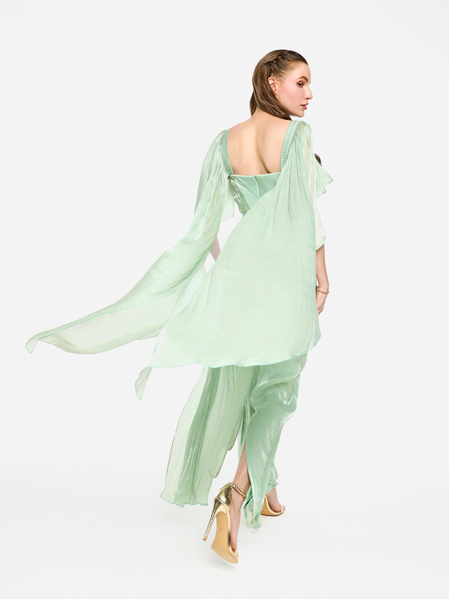 Pleated Cape Sleeves Ruffled Detail Maxi Dress