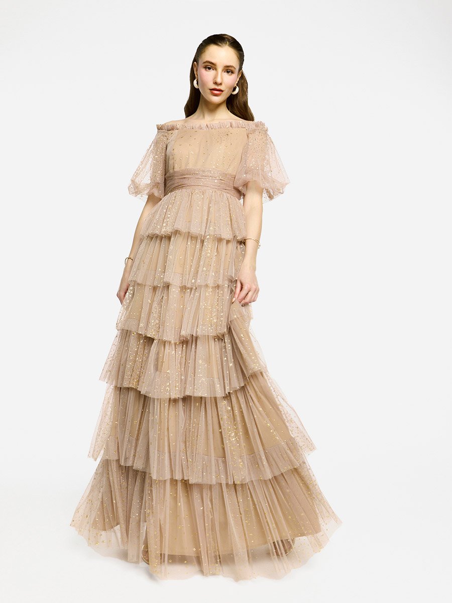 Ruffle Detail Off Shoulder Tulle Maxi Dress