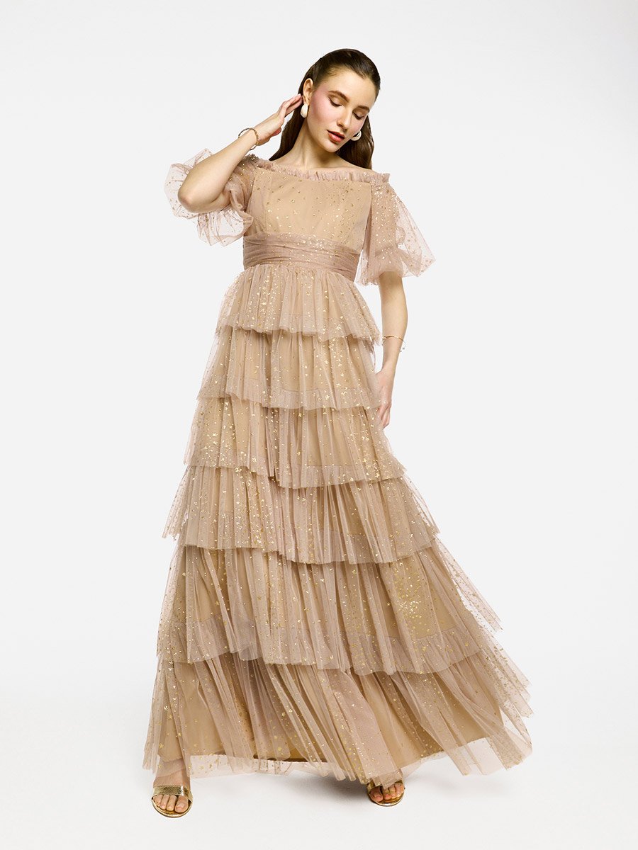 Ruffle Detail Off Shoulder Tulle Maxi Dress