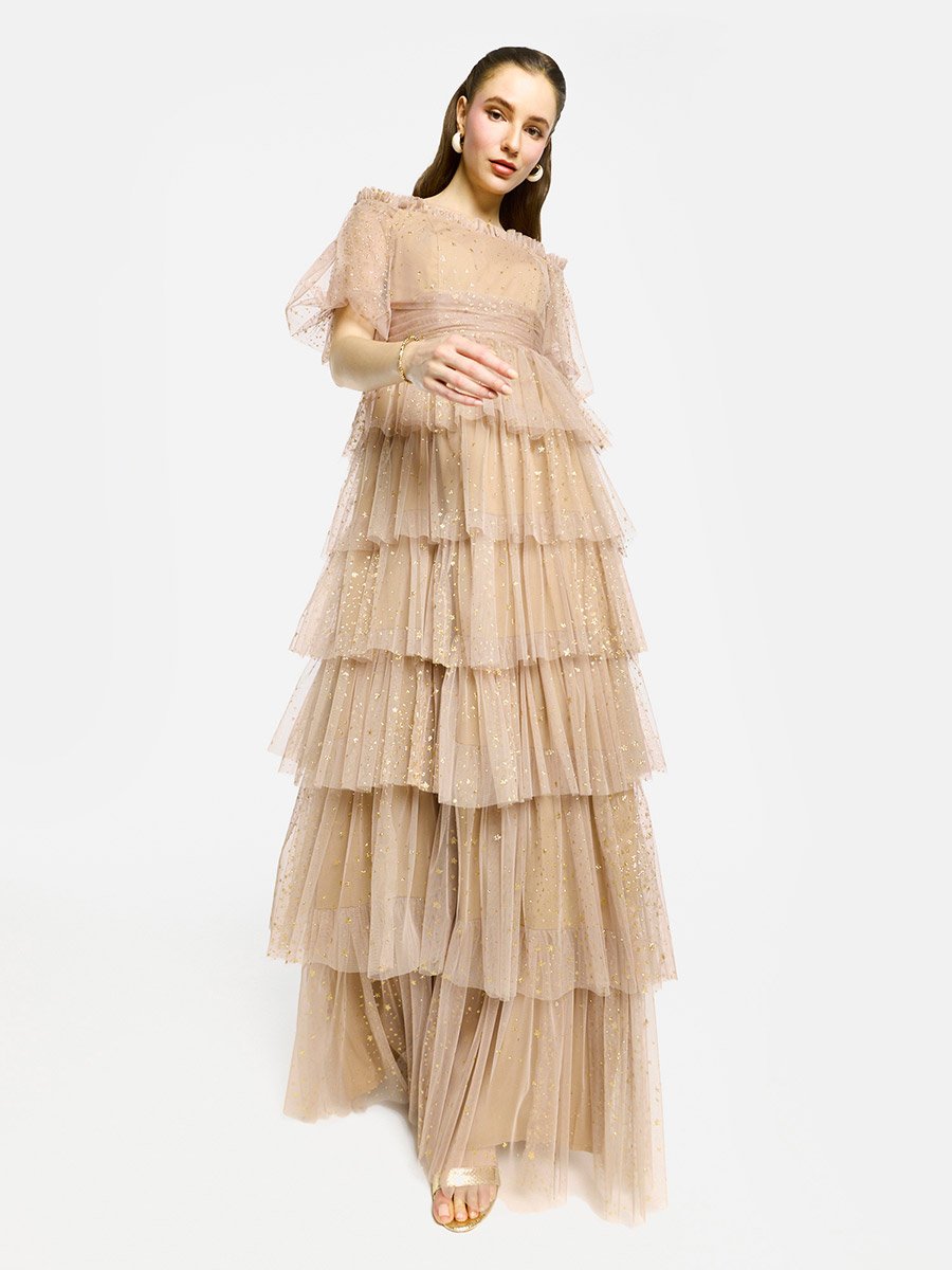 Ruffle Detail Off Shoulder Tulle Maxi Dress