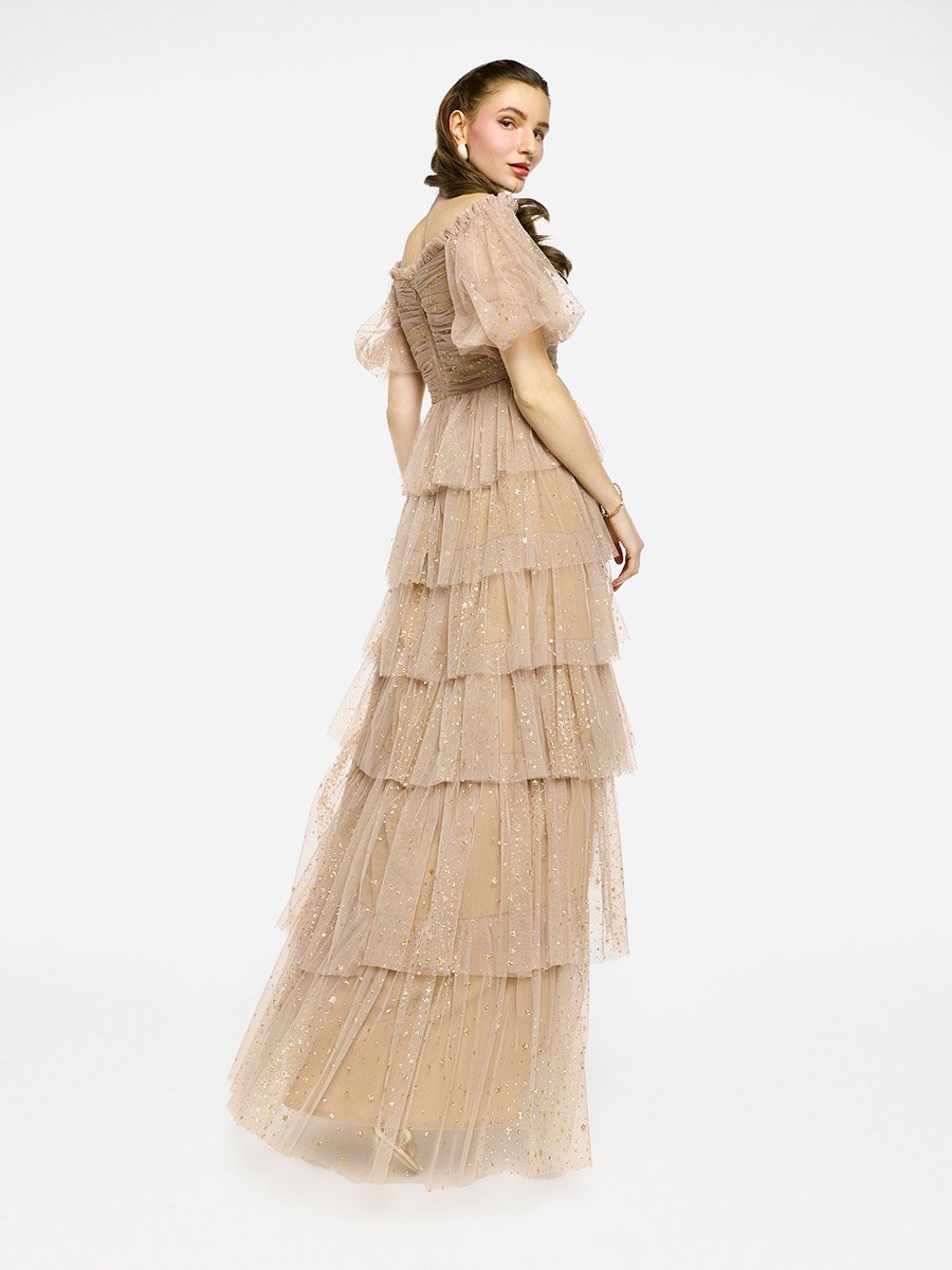 Ruffle Detail Off Shoulder Tulle Maxi Dress