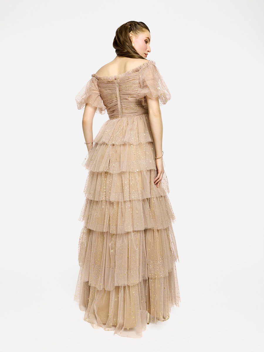 Ruffle Detail Off Shoulder Tulle Maxi Dress