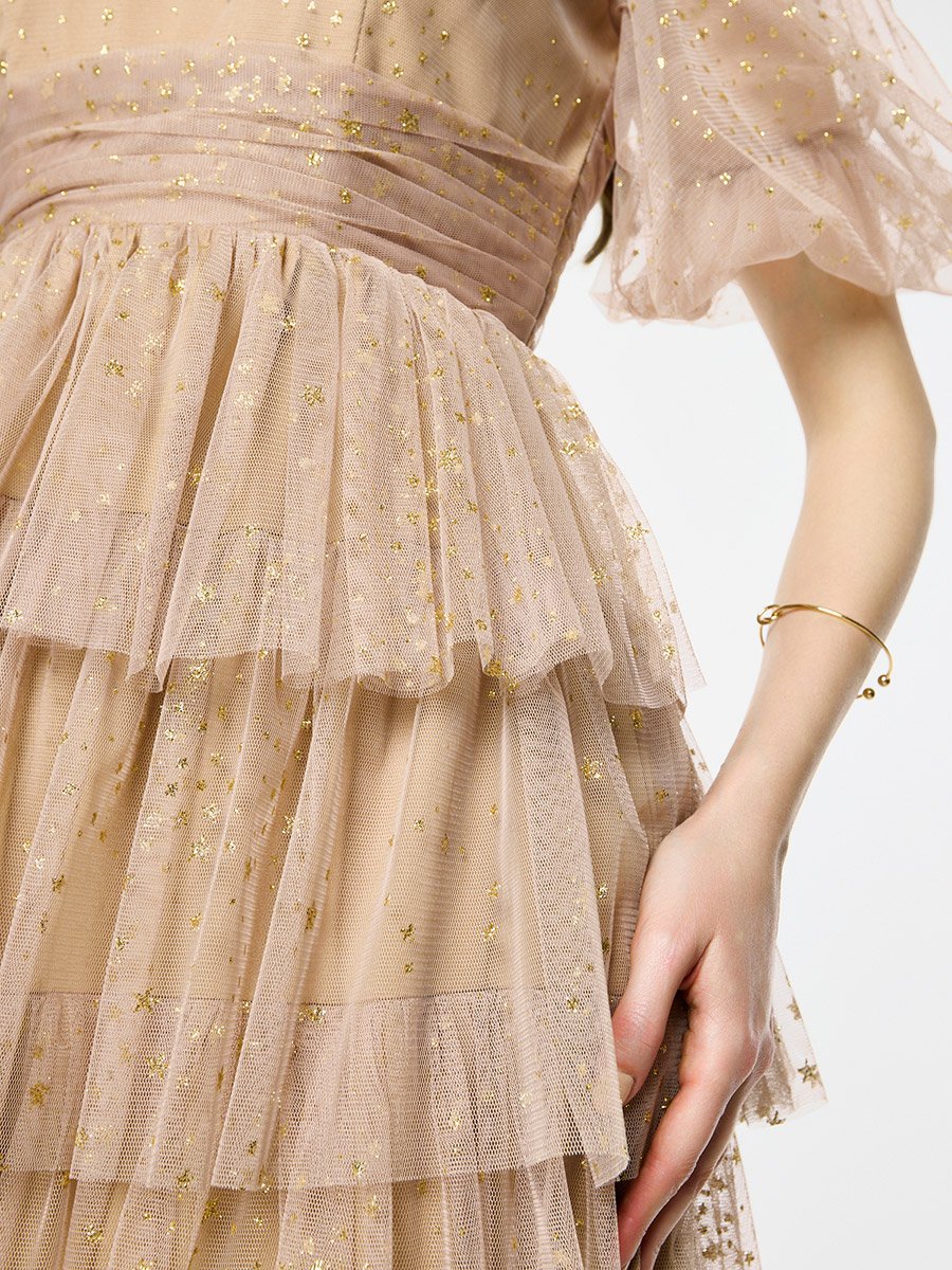 Ruffle Detail Off Shoulder Tulle Maxi Dress