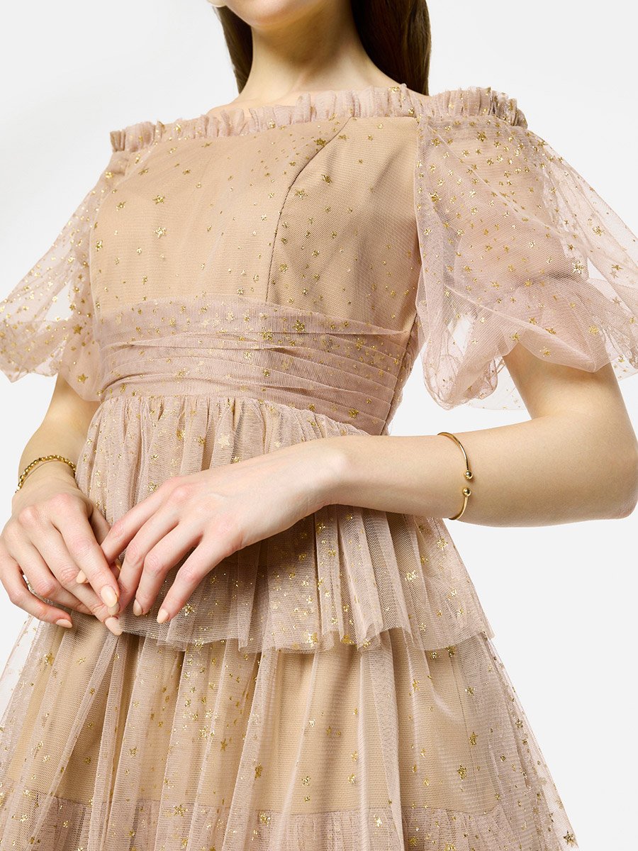Ruffle Detail Off Shoulder Tulle Maxi Dress
