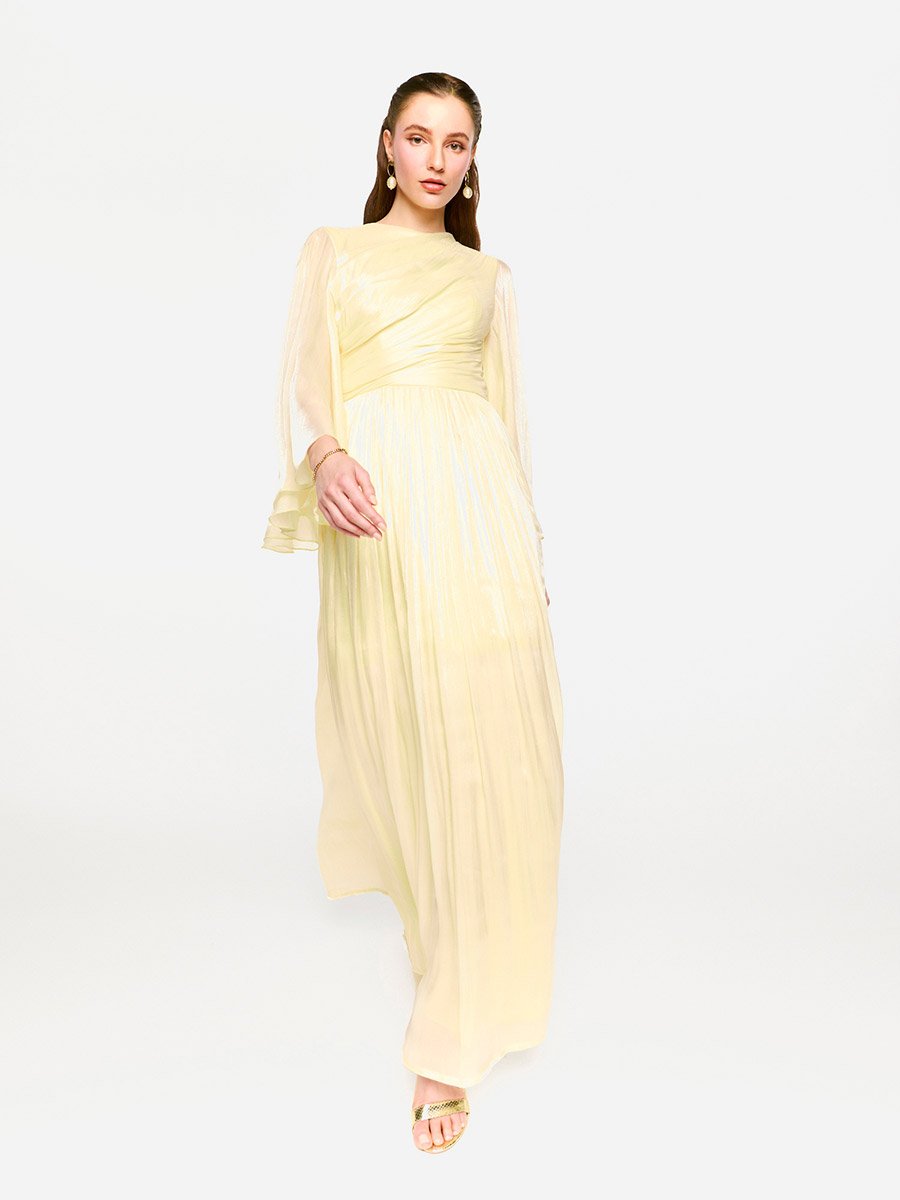 Sheer Cape Sleeves Shimmer Pleated Maxi Dress For Women at UAE | Styli