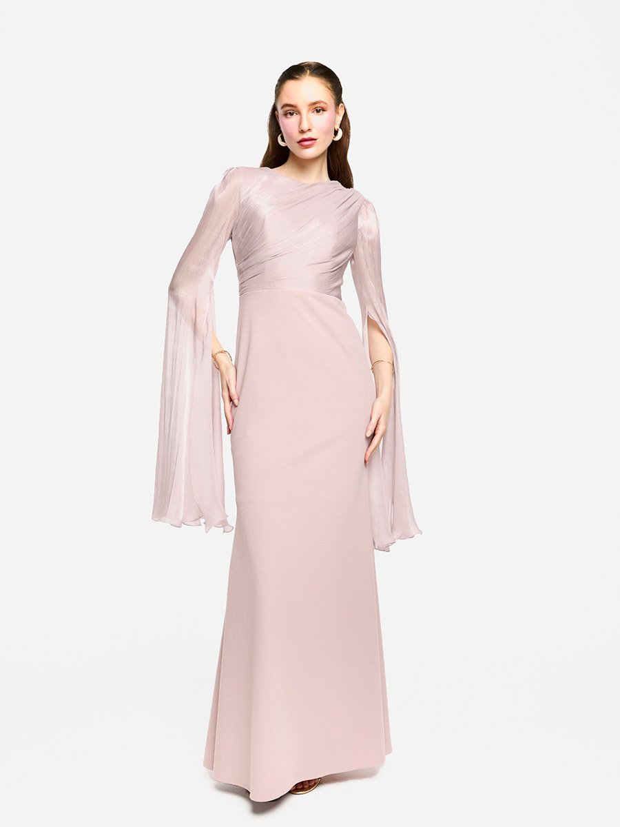 Organza Cape Sleeve Pleated Detail Maxi Dress For Women at UAE | Styli