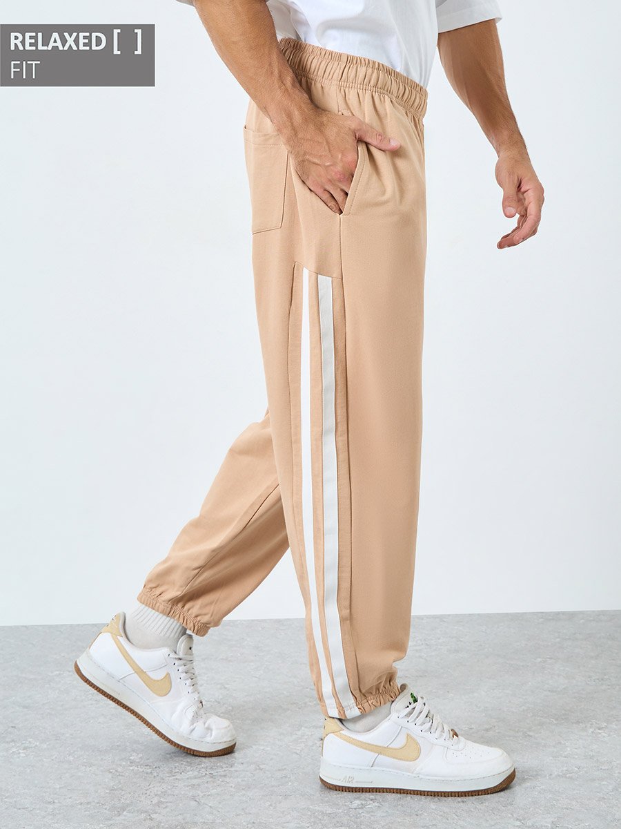 Men Beige Side Striped Panel Relaxed Fit Terry Joggers