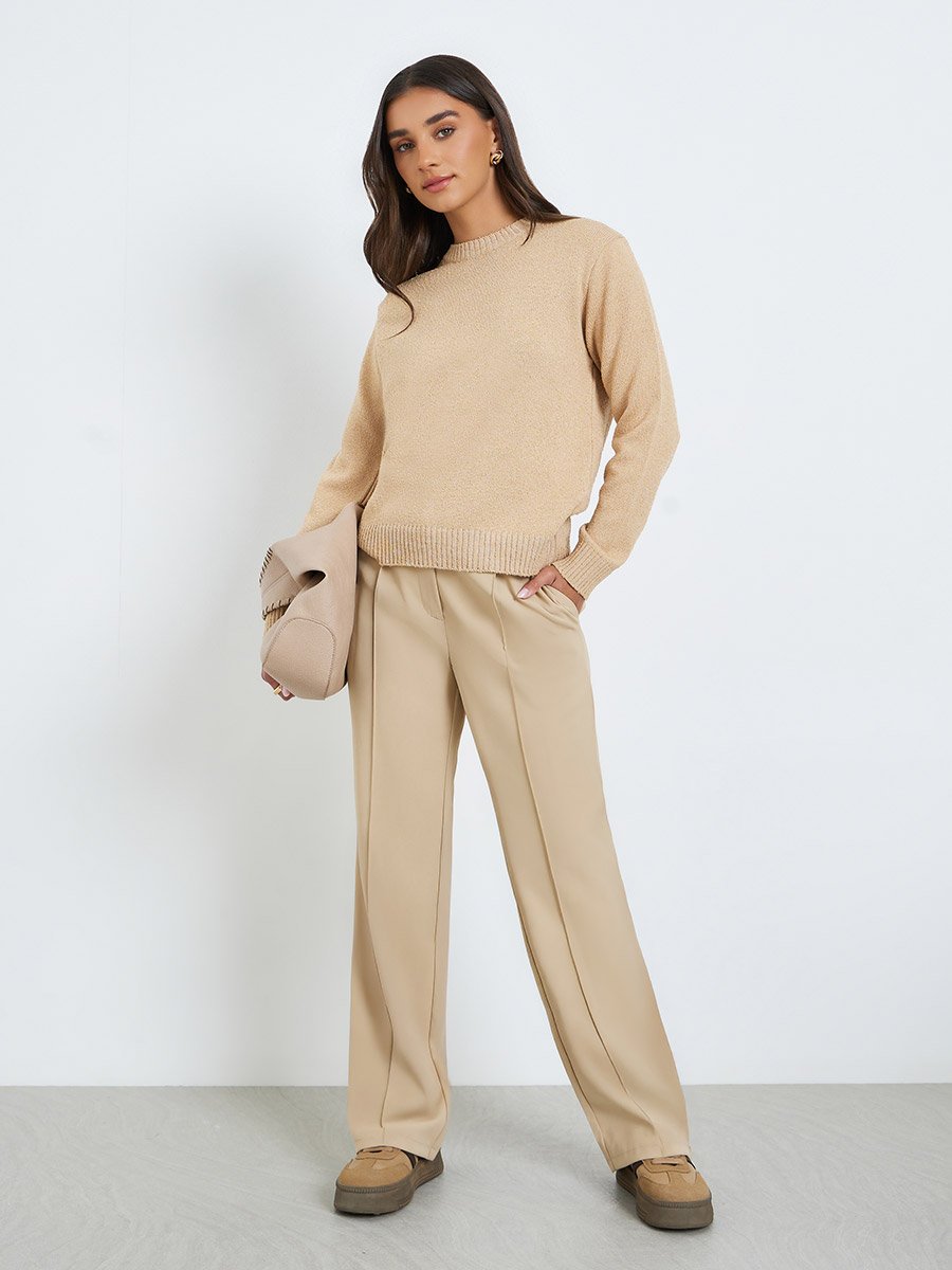 Women Beige Knit Regular Fit Sweater