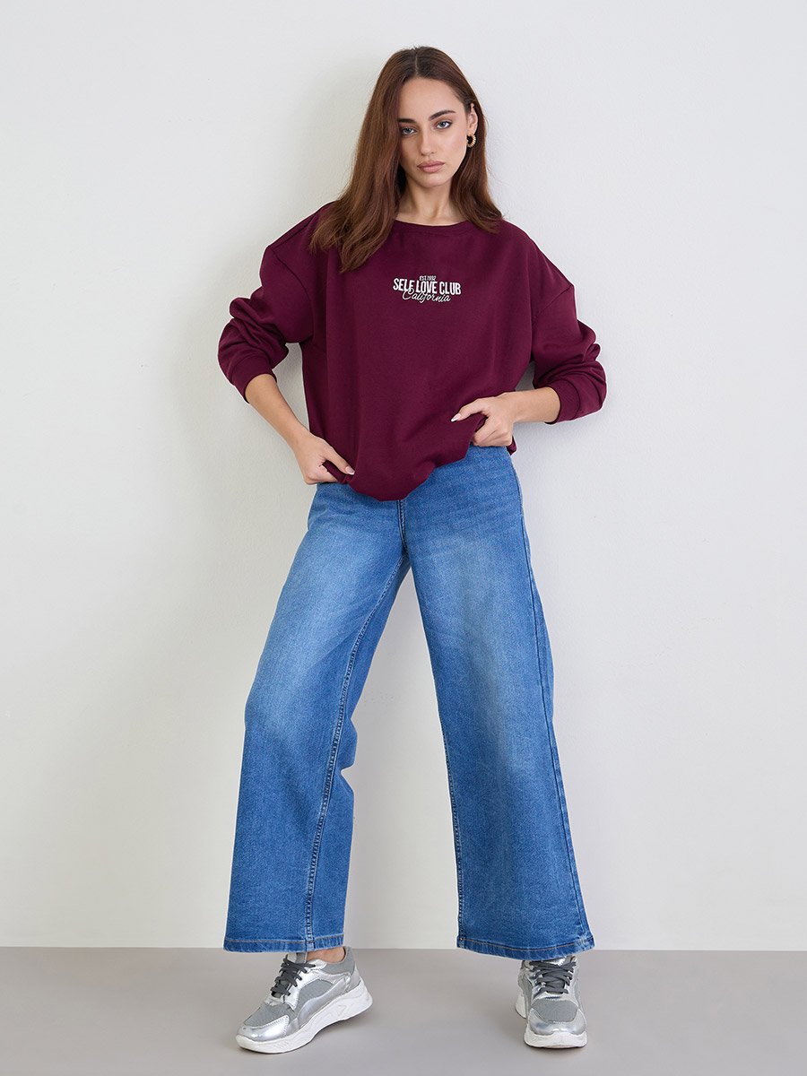 Burgundy Oversized Embroidery Detail Sweatshirt