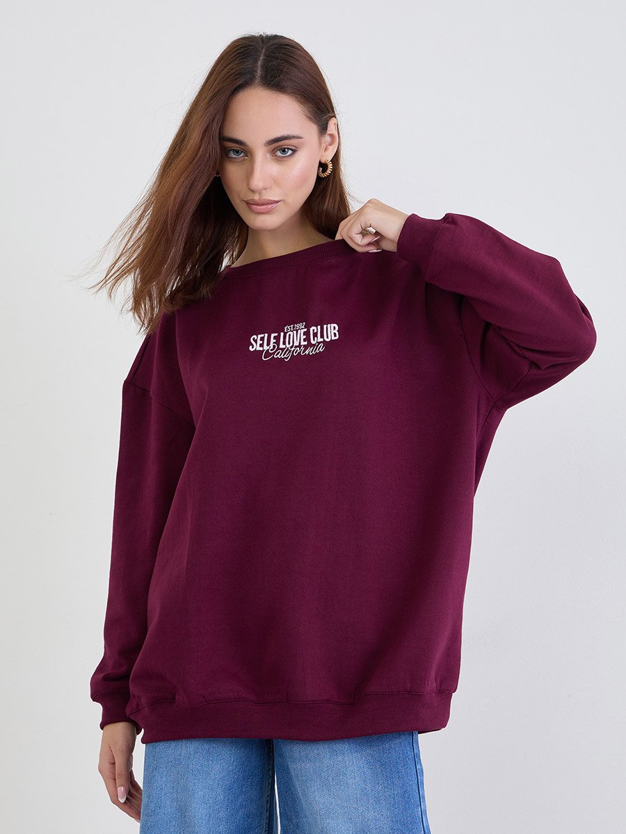 Burgundy Oversized Embroidery Detail Sweatshirt
