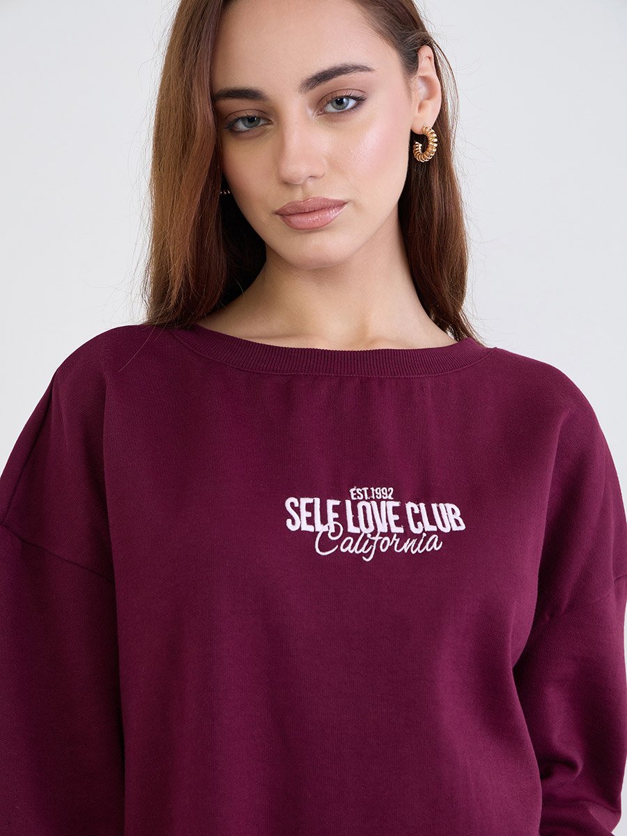 Burgundy Oversized Embroidery Detail Sweatshirt