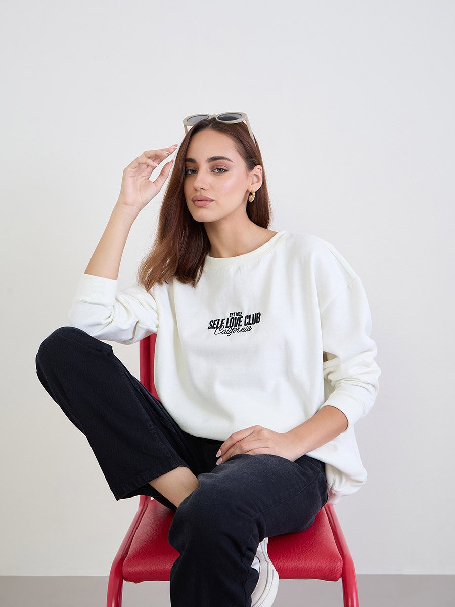 Off White Embroidered Longline Sweatshirt
