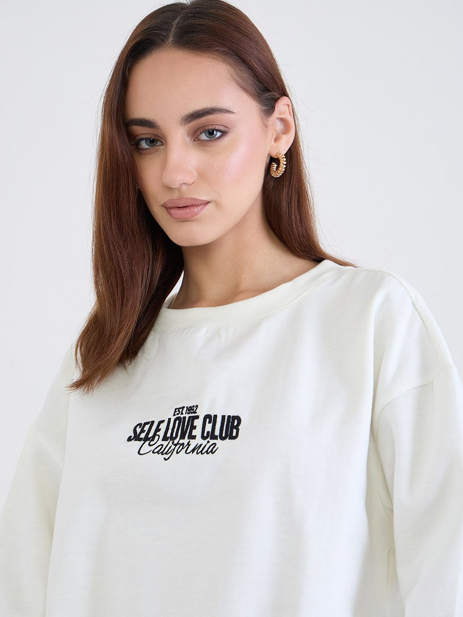 Off White Embroidered Longline Sweatshirt