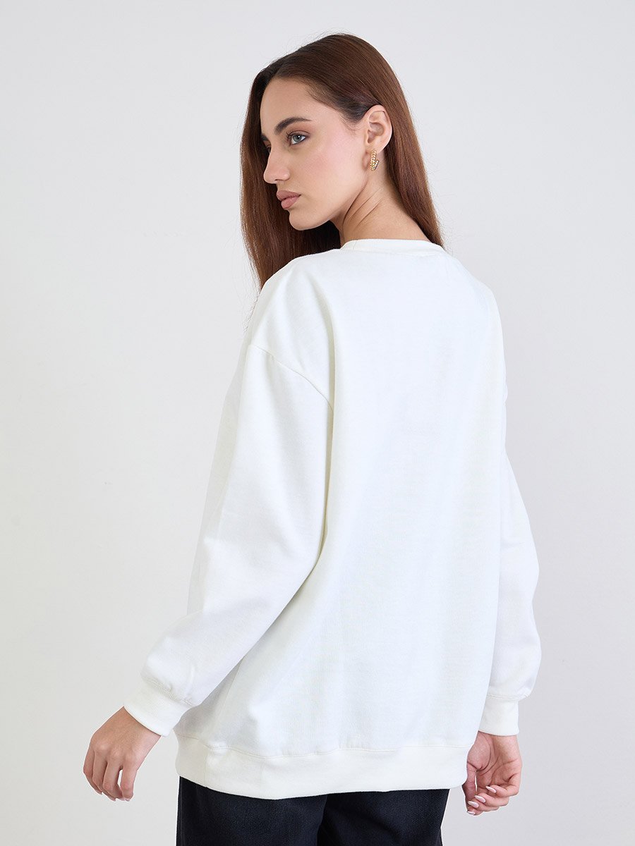 Off White Embroidered Longline Sweatshirt