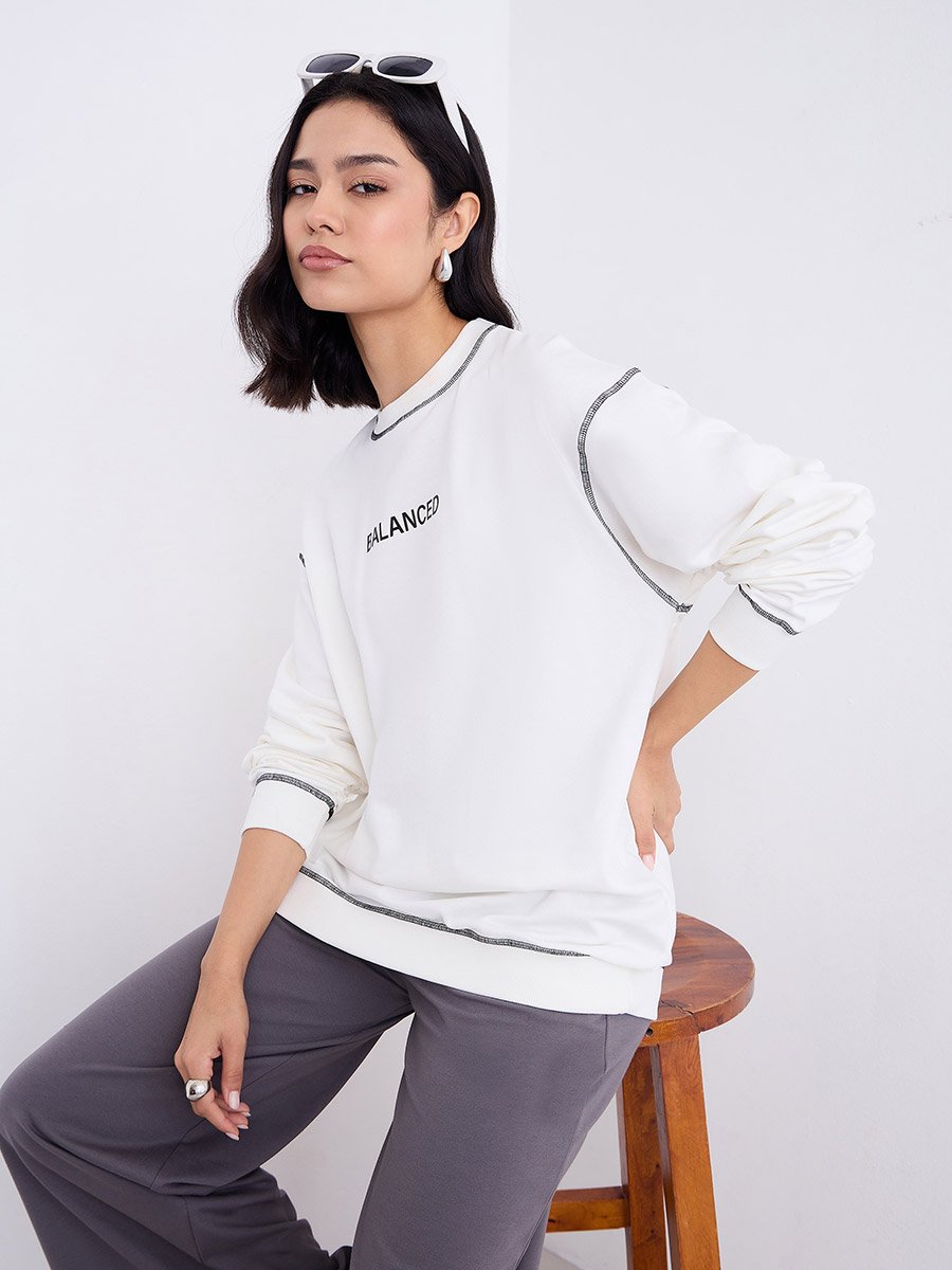 Off White Longline Embroidered Slogan Sweatshirt