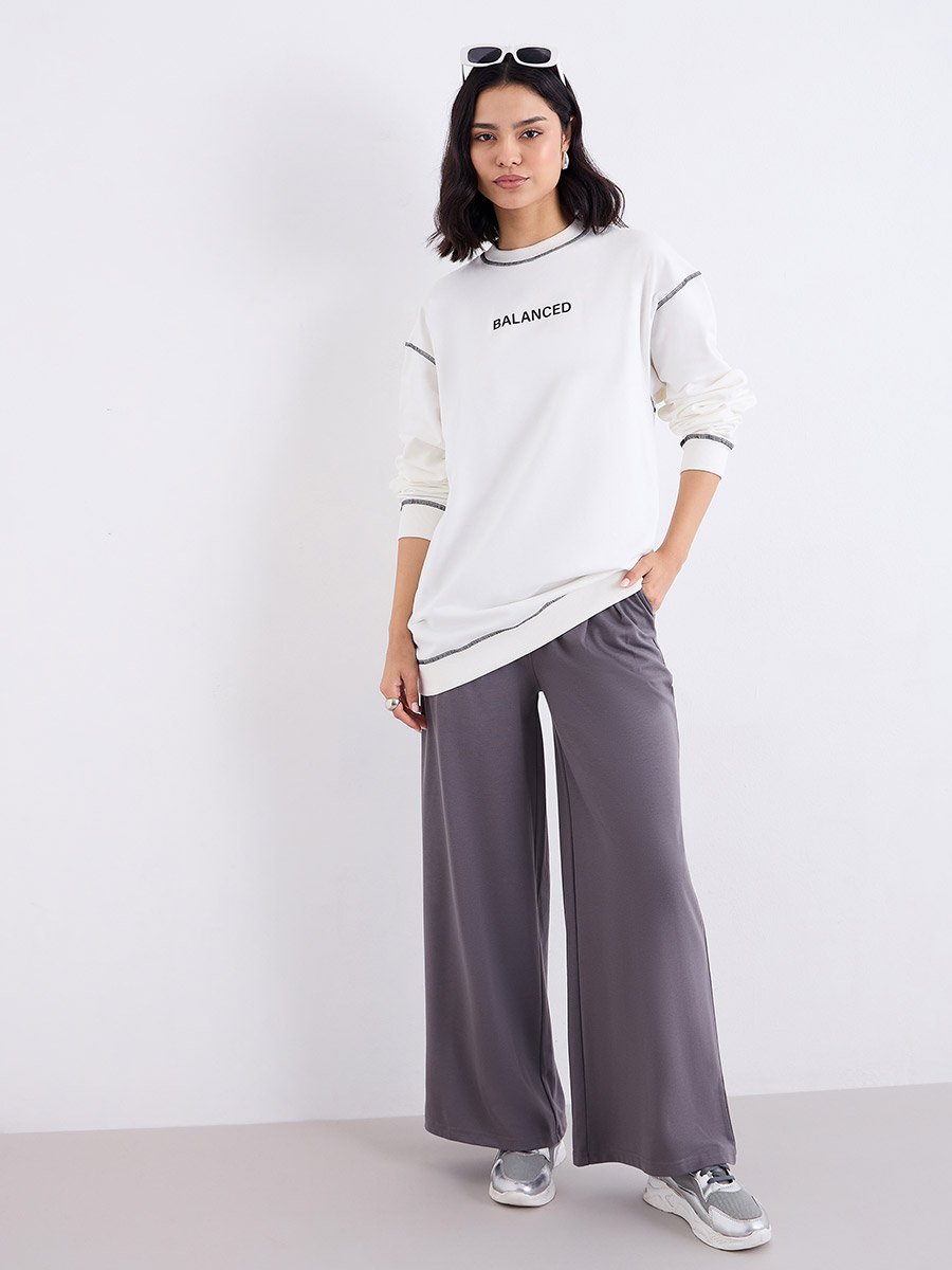 Off White Longline Embroidered Slogan Sweatshirt