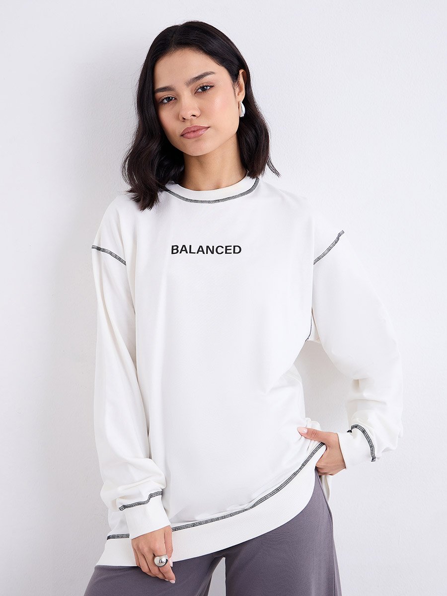 Off White Longline Embroidered Slogan Sweatshirt