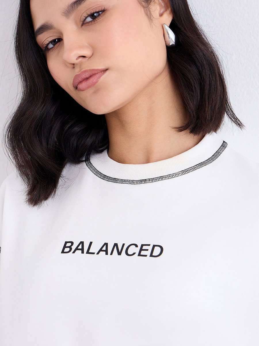 Off White Longline Embroidered Slogan Sweatshirt