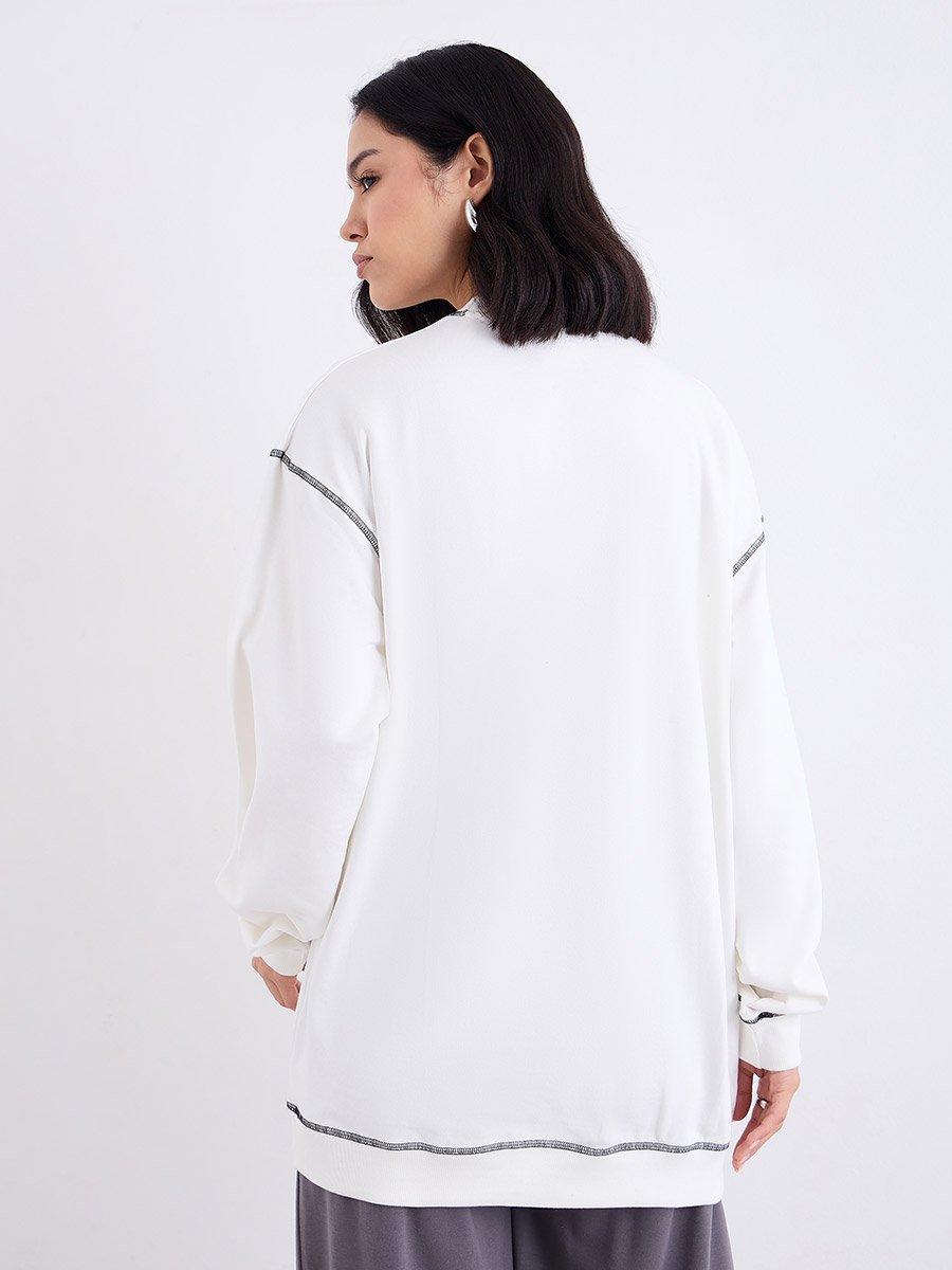 Off White Longline Embroidered Slogan Sweatshirt