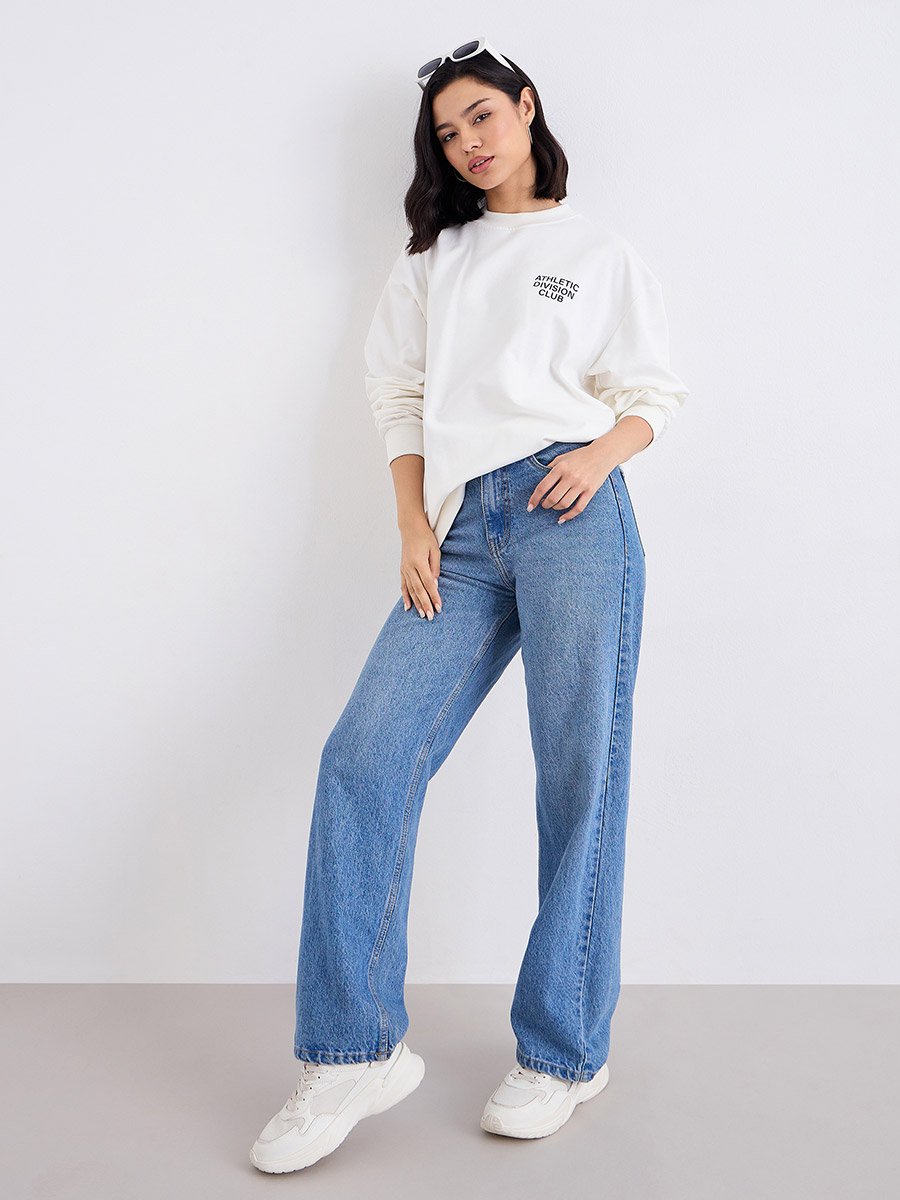 Women Off White Regular Fit Longline Sweatshirt with Slogan Print 