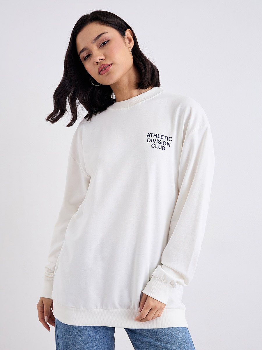 Women Off White Regular Fit Longline Sweatshirt with Slogan Print 