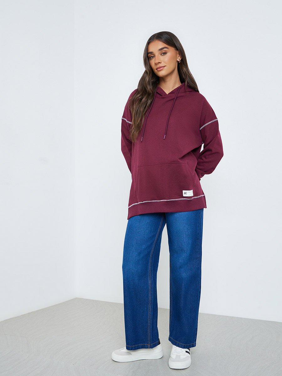 Women Purple Longline Hoodie with Stitch Detail