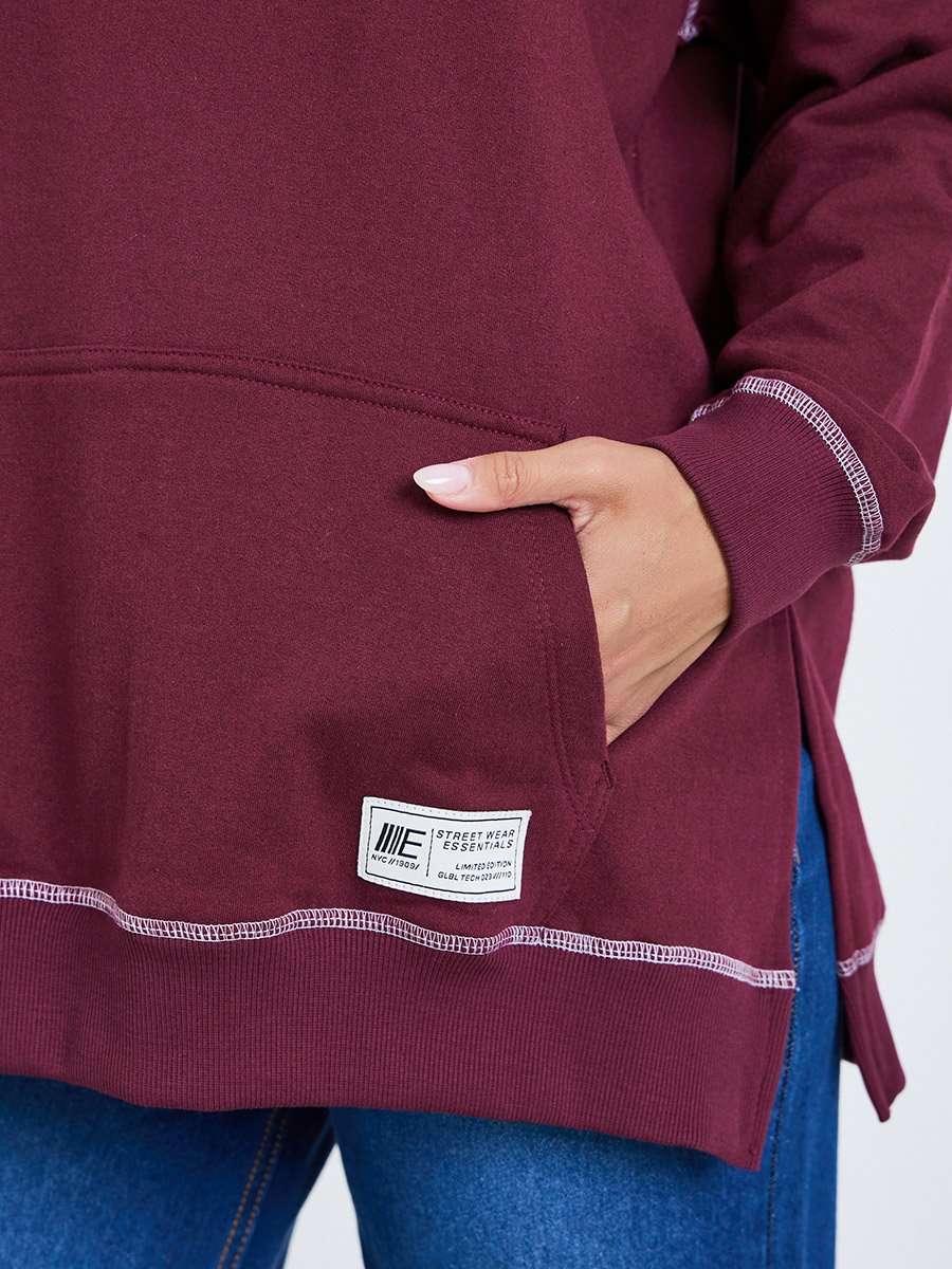 Women Purple Longline Hoodie with Stitch Detail