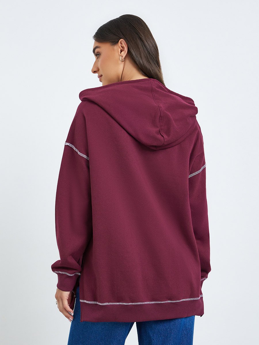 Women Purple Longline Hoodie with Stitch Detail